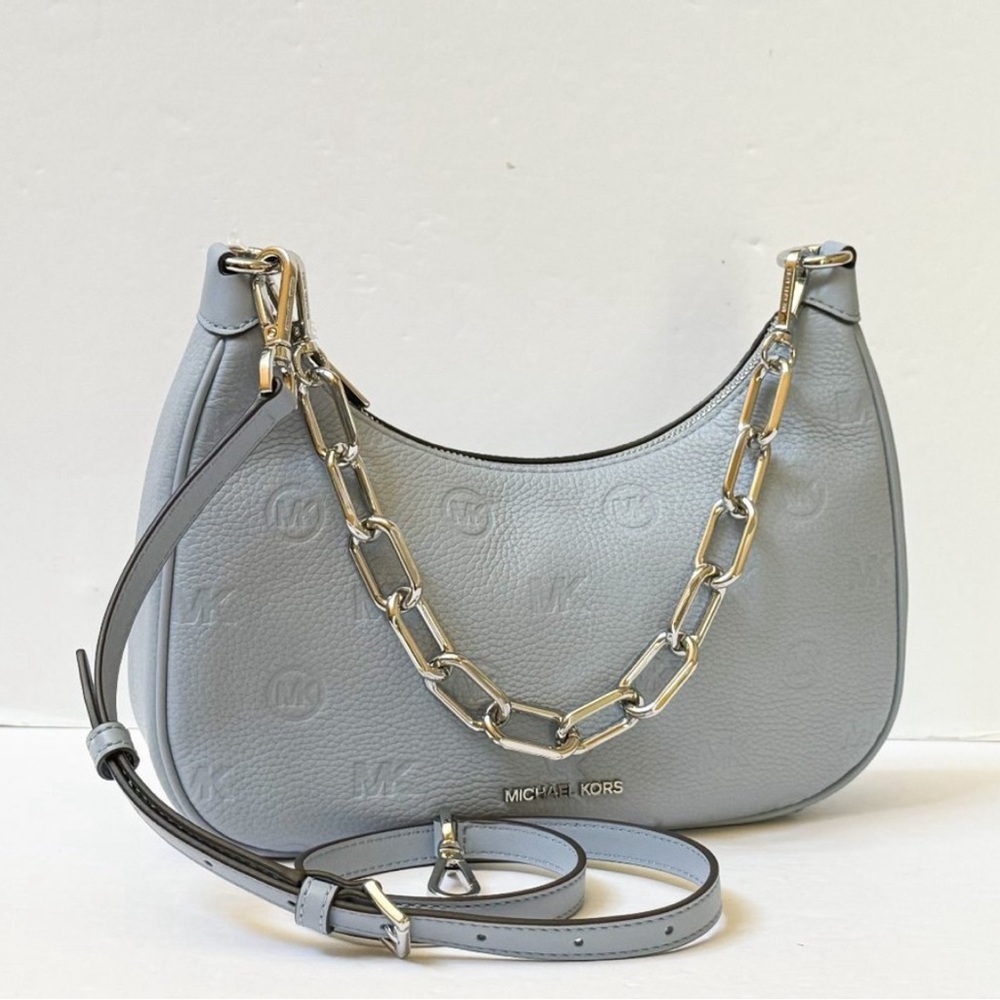 Michael Kors CORA Medium Zip Pouchette Chain Shoulder Crossbody Bag in pale blue